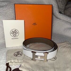 Hermes Blanc / Etoupe Reversible Belt Kit White Taupe Leather Gold H Buckle